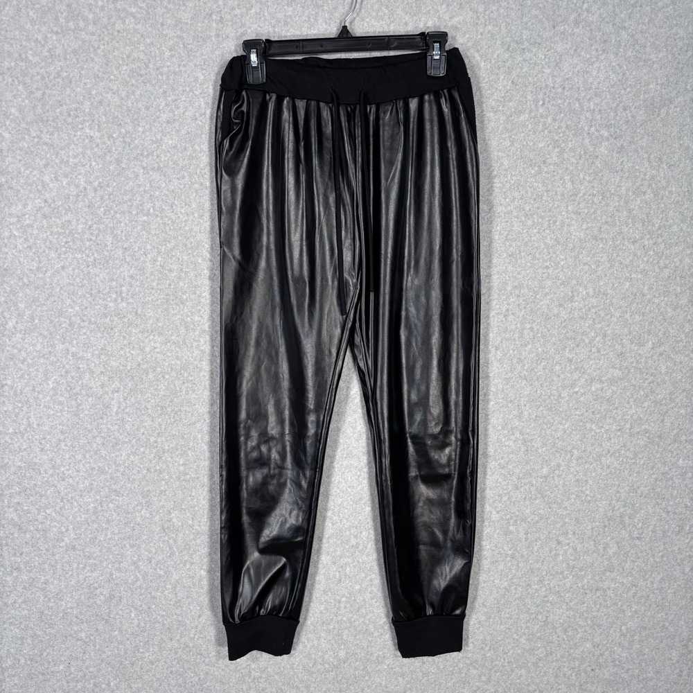 Black Faux Leather Jogger‎ Pants Small Pockets Futuristic Rave Lounge Casual